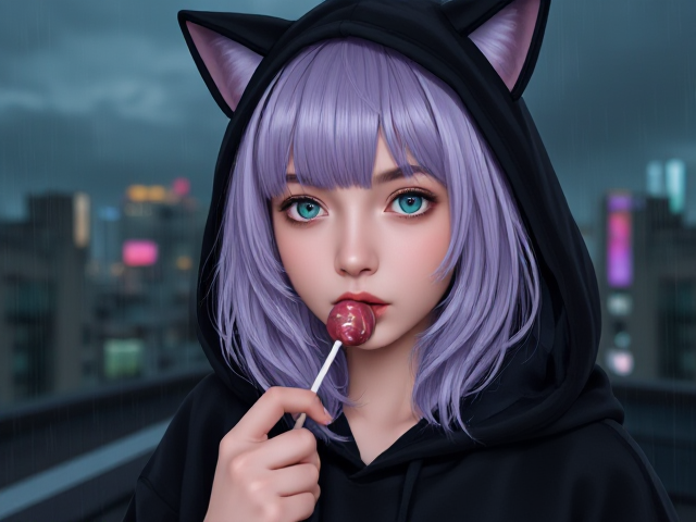 Pale petite girl, teal eyes, lilac hair, wearing a black hoodie that has cat ears on the hood, eating a lollipop
