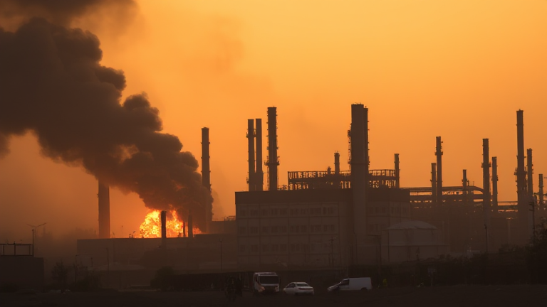 Image depicting the aftermath of Israel's airstrikes on two oil refineries in Iran, with smoke billowing from the damaged structures and emergency responders in action