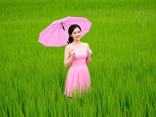 A pink dressed lady with a pink umbrella in all green grass