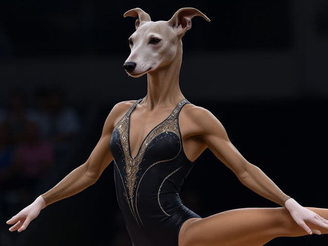 A anthropomorphic greyhound Olympic gymnast wearing a leotard