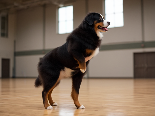 A Bernese mountain dog with large hips wearing a gymnastics leotard in a gymnasium