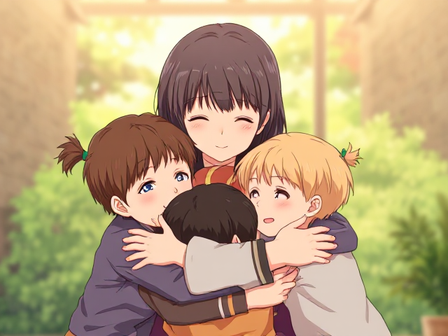 A handrawn mother hugging her children in anime