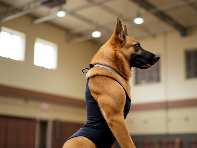 A anthropomorphic German shepherd wearing a gymnastics leotard in a gymnasium