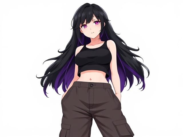 baggy cargo pants, sleeveless crop top, black and purple fluffy shirt hair. Nonbinary. Anime
Oc.