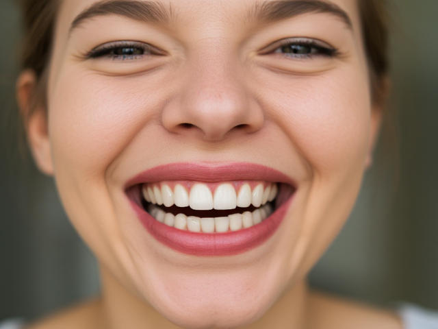 A woman smiling with two teeth knocked out