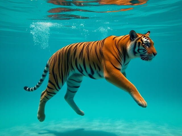 Anthropomorphic tiger one piece swimsuit walking underwater