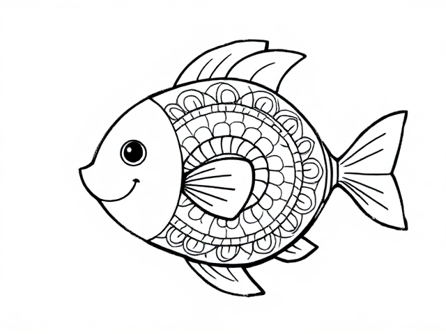 Create a simple black-and-white coloring page featuring a cute little fish designed in a sketch style. ensure  fish in full-body outline in a mandala style, use only outline ensuring it appears playful and approachable for young children aged 2 to 4. Design the fish with basic,friendly features, emphasizing a round body incorporating . Include a friendly expression to enhance its inviting character.