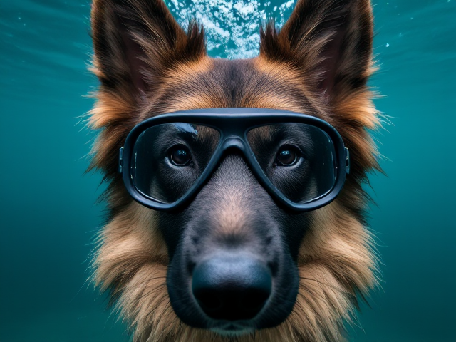 Long haired German shepherd freediving goggles