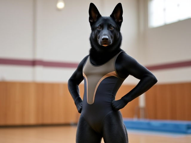 Anthropomorphic black German shepherd wearing a gymnastics leotard, posing with emphasis on its hips in a gymnasium setting, detailed and vibrant colors