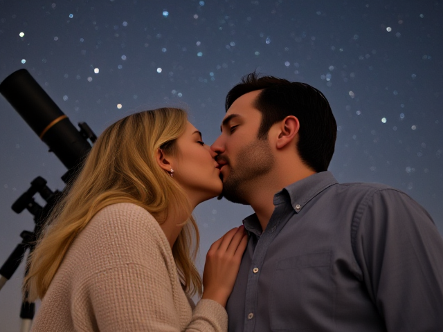 Show an image of a blonde 40 year old woman kissing a taller man beside a telescope with stars overhead. The man is 50 with dark hair and has no facial hair