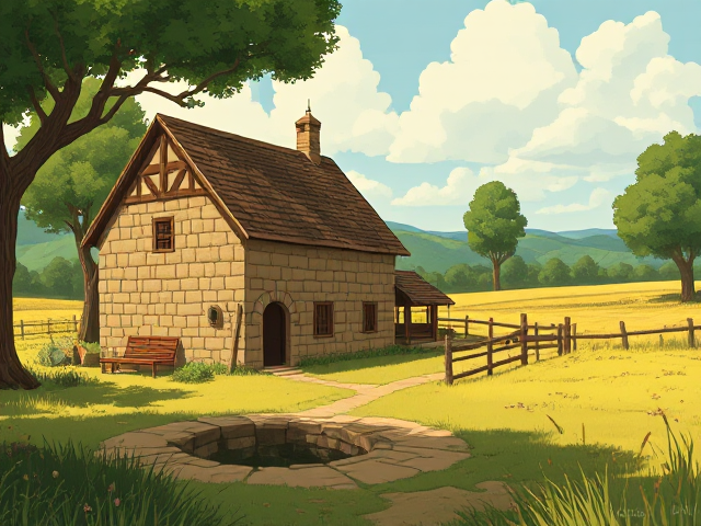 Une jolie ferme en pierre avec une grange, un puit, dans la campagne, isolée, au milieu des prairies et des forêts