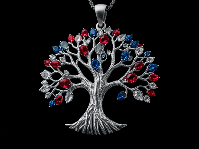 silver tree pendant necklace, intricately crafted with exquisite detail, vibrant red painite gemstones and shimmering blue sapphires forming the wood, dazzling diamonds set elegantly as leaves, sophisticated design, soft ambient lighting highlighting craftsmanship, macro focus capturing every facet and sparkle