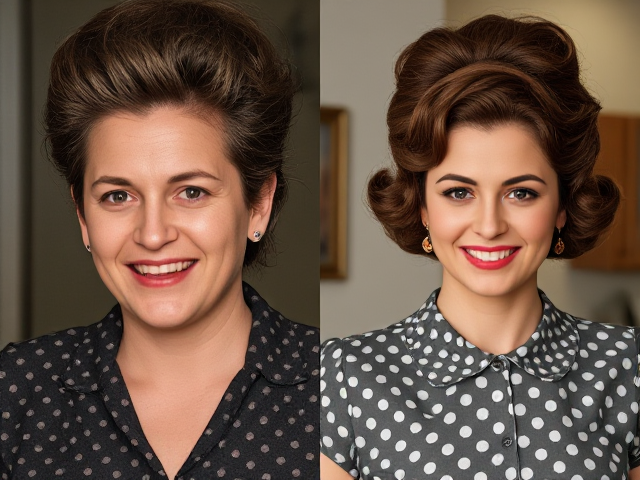 full body photo of a woman with a dazed smile, transitioning from a beaten-up criminal to a cheerful housewife. She has an elaborate, thick beehive hairstyle and is wearing a poofy polka dot dress with a collar. Her makeup includes eyeshadow and lipstick. The image shows both her past as a criminal and her present as a housewife in one frame