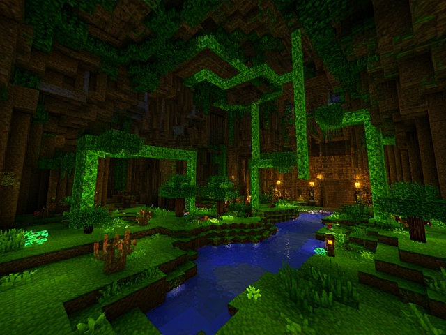 Minecraft Lush Cave Biome with Axolotyls and glowing vines