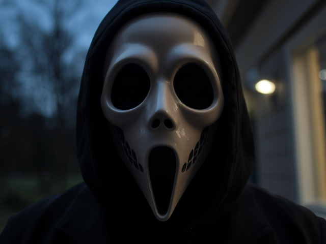 Ghostface mask, male, dark outside