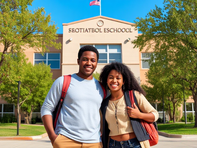 un couple afro américain  avec leurs enfants souriants et heureux, debout devant l'école en période de rentrée des classes, vêtements colorés et variés, atmosphère joyeuse et ensoleillée, école moderne et propre avec une architecture attrayante, arbres verdoyants autour de l'école, ciel bleu sans nuages