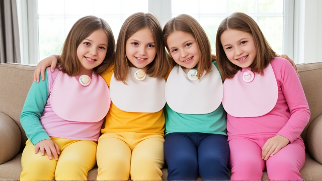 Quatre filles adolescentes aux cheveux lisses et dégagé et de différentes couleurs a l'avant assis dans un canapé avec des très grands bavoirs de différentes couleurs et des tétines en bouches elles sont en tee-shirts manches longues de différentes couleurs que les Bavoirs et avec des pantalons elle se font un gros câlin et il y a une grande fenêtre derrière le canapé
