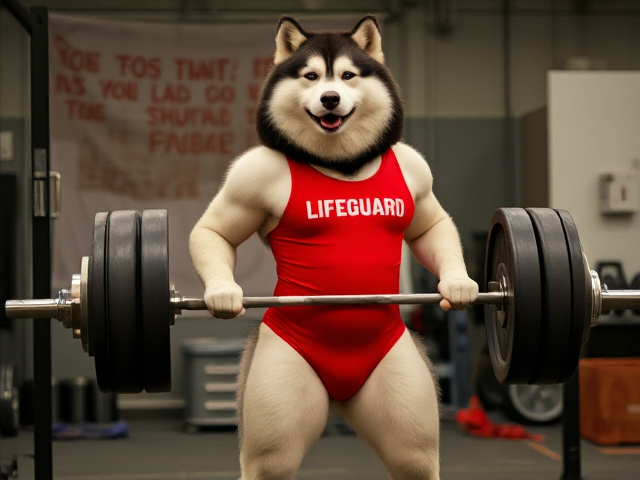 A anthropomorphic alaskan malamute wearing a red lifeguard one piece swimsuit deadlifting a barbell