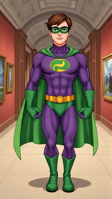 Modern Cartoon scene: A young, Autistic 25-year old boy with light skin and flat, smooth, and slick brown hair named T.J. Granger, but transformed into a genetically-altered superhero named Powerman, who, despite still being a young adult kid, has an extremely muscular body. He wears a sleek purple suit with a green P symbol on his chest, a gold belt with a circular buckle, green briefs, green boots, green long-cuffed gloves, a really big, toe-length long, ultra-wide green cape wreathed around his neck, and a green eye mask that protects his true identity. He also has incredible and invincible superpowers flowing through his veins. He is currently walking through a museum, investigating the scene of the crime.