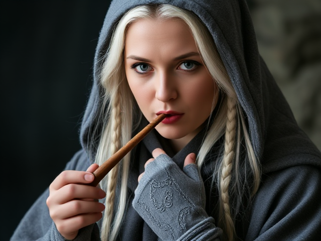 A stock photo of a female wizard, long white/grey hair with small braids, thick grey robes with intricate silver trim, grey fingerless gloves, smoking a long thin wooden pipe. Mood: mystical and serene. Dominant colors: shades of grey, silver, and earthy brown. Soft, diffused lighting, shallow depth of field, portrait composition, eye-level angle, focus on facial expression and pipe details.