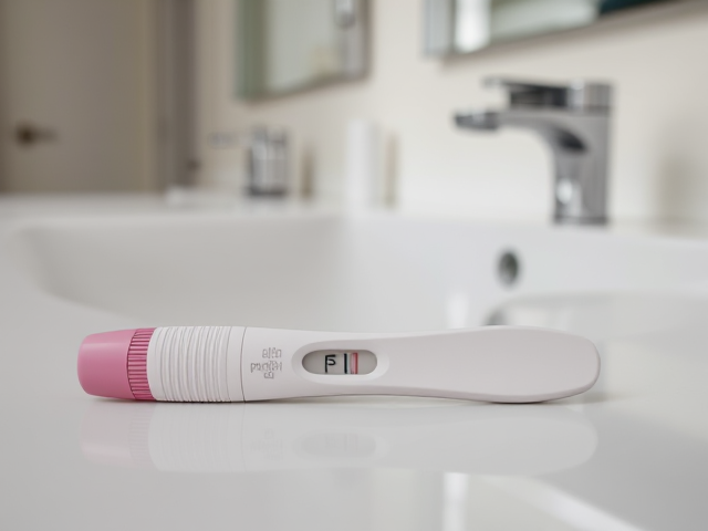 Positive pregnancy test laying flat down, in English,  on a white bathroom counter, with a silver sink, and a mirror