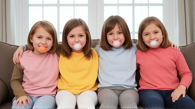 Quatre filles adolescentes aux cheveux lisses et dégagé et de différentes couleurs a l'avant assis dans un canapé avec des  grands Bavoirs simple de différentes couleurs  et des tétines en bouches elles sont en tee-shirts manches longues de différentes couleurs que les Bavoirs et ont des et elles se font un gros câlin et il y a une grande fenêtre derrière le canapé