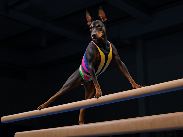 Anthropomorphic Doberman expertly performing gymnastics on a balance beam, wearing a vibrant and colorful leotard, intense and focused expression, capturing a dynamic and graceful pose, set in an indoor gym environment with dramatic and moody lighting