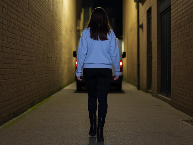 Brunette thin wearing a light blue sweatshirt and black pants and boots walking late at night down an alleyway. A van in the back