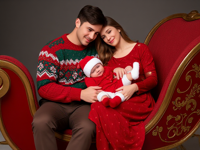 A realistic family scene featuring a young couple and their baby sitting on a beautifully crafted Santa’s sleigh. The man is seated slightly at an angle, his head gently tilted to the side, with a warm and loving expression. The woman is sitting close to him, leaning her head softly on his shoulder, exuding affection and comfort. The baby is lying across both their laps, nestled securely as the parents lovingly hold the baby together.

The man is dressed in a festive red and green Christmas sweater paired with cozy winter pants, while the woman wears an elegant, warm red dress with subtle snowflake patterns and tights. The baby is in an adorable Santa Claus outfit, complete with a matching hat and tiny booties. The sleigh is detailed with intricate golden patterns, giving it a magical and festive feel. The scene captures the warmth, love, and joy of the holiday season with a focus on photorealistic details and cozy, heartfelt poses.
