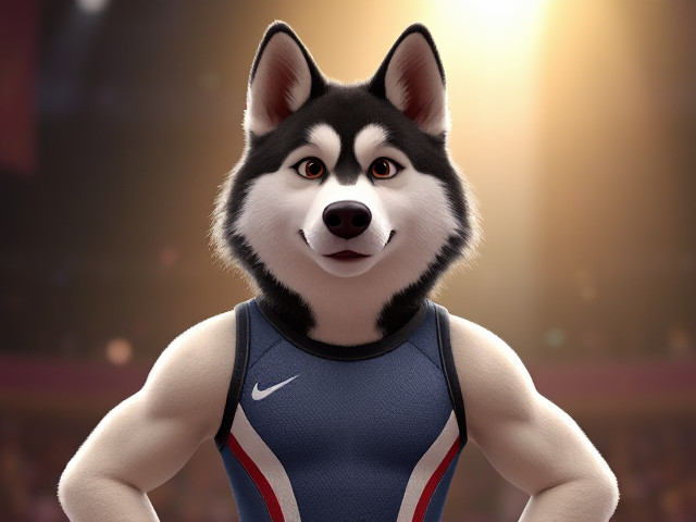A Alaskan malamute Olympic gymnast with broad shoulders wearing a leotard