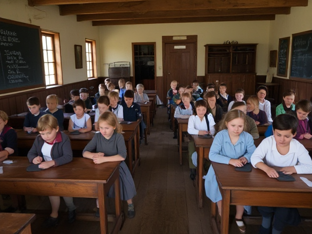 Children attending a school in Australia during the 1800s, wearing period-appropriate clothing, sitting at wooden desks inside a rustic classroom with traditional teaching tools like chalkboards and slates