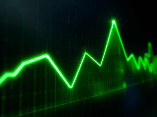 Create a realistic and dynamic background with a glowing, upward-trending line chart or graph. The chart should have sharp, distinct green lines representing financial growth or success. The green light should glow brightly, casting a radiant effect on the surroundings. Add subtle lighting effects around the chart to emphasize its movement, with lines curving upward, creating the impression of progress and increasing value. The background should be dark to make the glowing green lines stand out vividly, and the chart should have a sleek, professional look with a futuristic feel.
