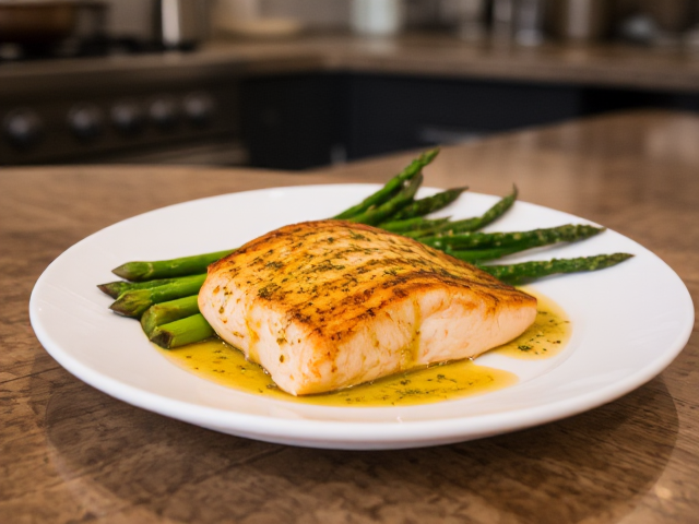in a well appointed kitchen on a table, there is 
This keto grilled salmon dish features a crispy fillet paired with tender asparagus and a luscious garlic butter drizzle. It’s elegant, flavorful, and perfect for a light yet satisfying lunch. A simple recipe that’s as nutritious as it is delicious!