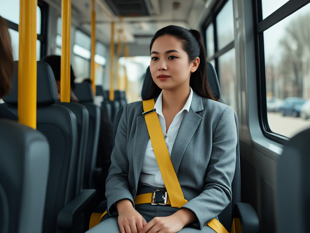 Full body image of a Fit Young business Woman on the bus  in a special needs carseat strapped in a yellow  5 point seat belt harness