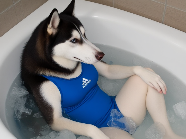 A anthropomorphic Siberian husky wearing a blue adidas swimsuit sitting in a ice bath relaxing her sore muscles