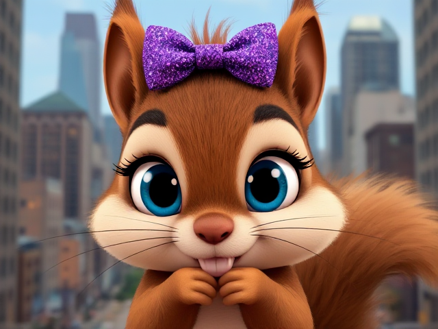 A repulsively cute cartoon squirrel with enormous, glistening watery blue eyes and long, thick eyelashes. It is wearing a sparkly purple bow on its head. The squirrel's paws are tucked under its chin as it cocks its head slightly to the side. It has soft brown fur and two huge large front teeth. The background is set in a detailed cityscape of Minneapolis, MN.