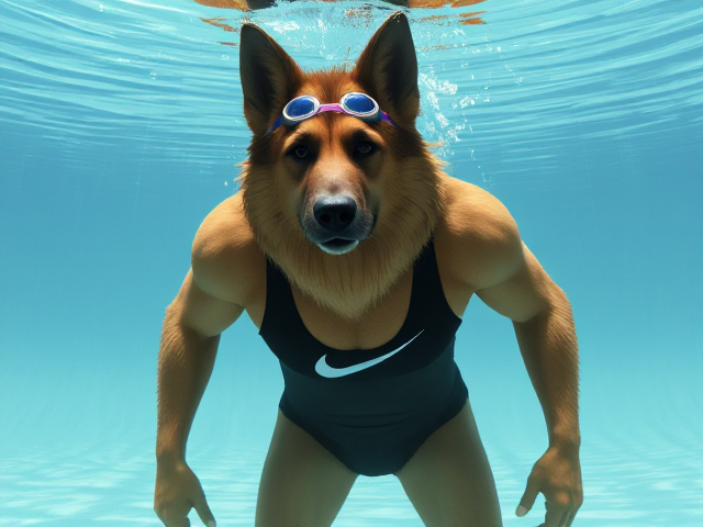 A tall anthropomorphic long haired German shepherd with a long torso and broad shoulders wearing a Nike one piece swimsuit and swimming goggles while submerged underwater