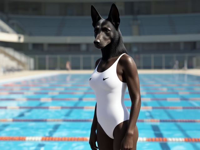 A tall female anthropomorphic black German shepherd with a long torso and broad shoulders, wearing a white Nike one piece swimsuit while standing next to a Olympic-Sized swimming pool