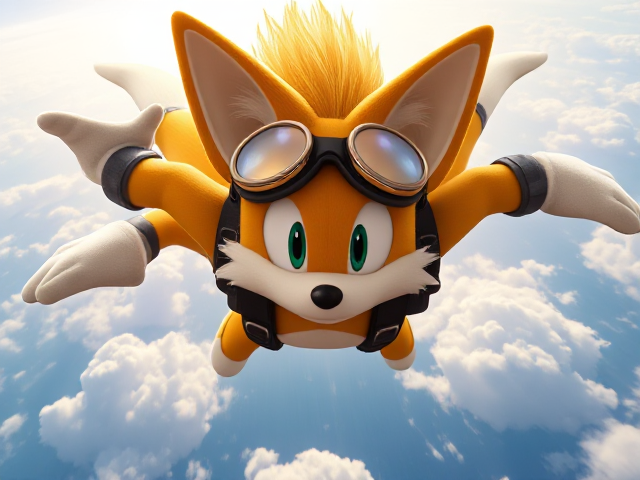 Miles Tails Prower, the two-tailed anthropomorphic fox from the Sonic the Hedgehog video game series, skydiving from a plane with his tails spinning rapidly for control, diving straight downwards at a 90 degree angle with a determined expression on his face. The background is vibrant and colorful, depicting a bright sky and fluffy clouds, with rays of sunlight breaking through the clouds and some birds flying in the distance. His fur is detailed and his goggles reflect the light beautifully, adding to the dynamic feeling of his dive