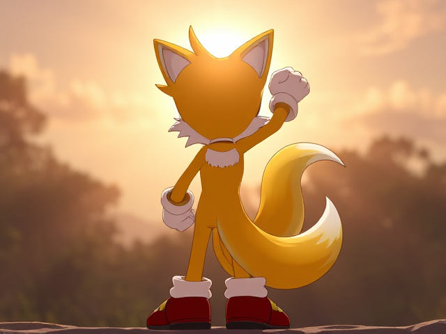 a young version of Miles Tails prower, standing in his iconic victory pose where his back is facing the camera and he is looking over his shoulder towards the camera, Tails has one hand down by his waist, and the other hand clenched in a fist up in the air, His Two Tails are twisting around each other