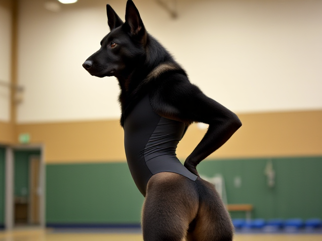 Anthropomorphic black German shepherd wearing a gymnastics leotard, posing with emphasis on its hips in a gymnasium setting, detailed and vibrant colors
