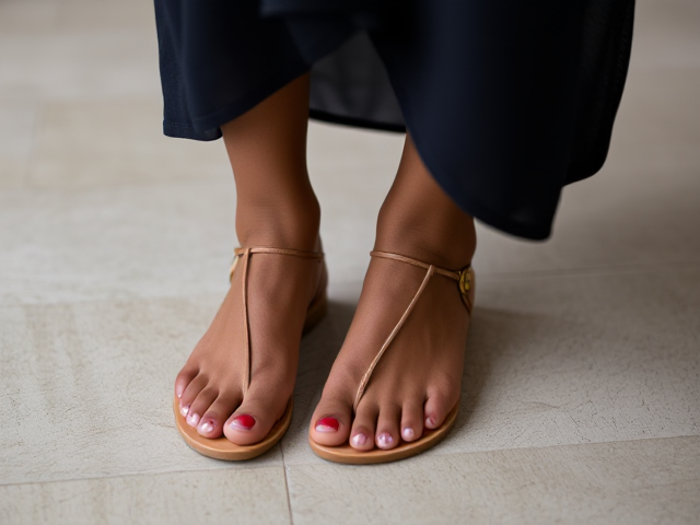 Pretty dainty black woman feet in flat sandals