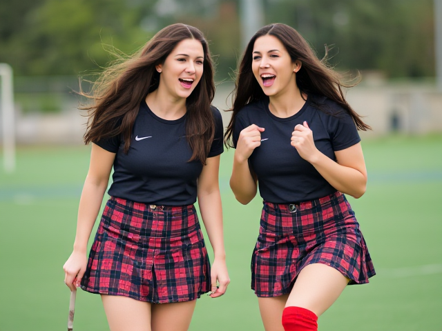Full body picture of Two Beautiful short forty-something semitic brunette field hockey players in kilts and thigh high socks with their hair down, laughing uncontrollably and hysterically with surprised smiles