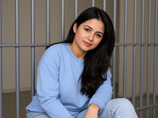 Brunette with dark hair wearing a light blue sweatshirt and light blue jeans sitting in jail