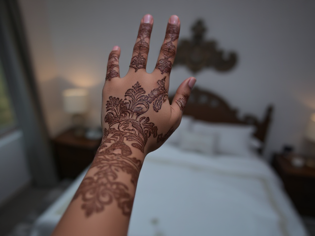 Henna on an Indian woman's hand, background bedroom