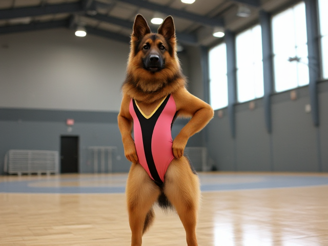 A anthropomorphic long haired German shepherd with large hips wearing a gymnastics leotard in a gymnasium