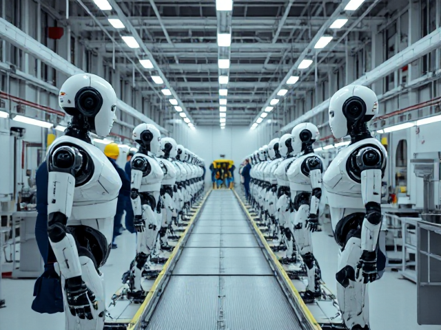 Inside a clean, high-tech factory, multiple humanoid robots on an assembly line, bright white lighting, engineers in safety gear working around them, natural depth and perspective, realistic industrial photograph