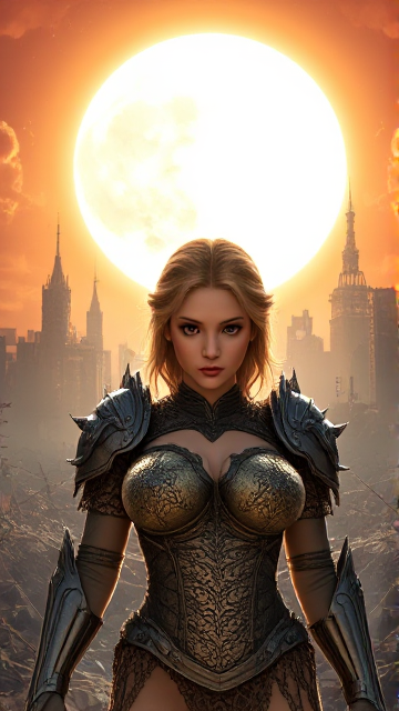A surreal and sensual scene of a powerful, armor-clad female figure surrounded by the destruction of a once-vibrant city. The sun, a massive and intense ball of light, looms in the background, casting dramatic shadows and highlighting the intense colors of the scene. The figure's lace armor is adorned with intricate, fantastical patterns and appears to be alive, pulsating with energy. The overall atmosphere is a blend of chaos, beauty, and mystery, invoking a sense of both destruction and rebirth.
