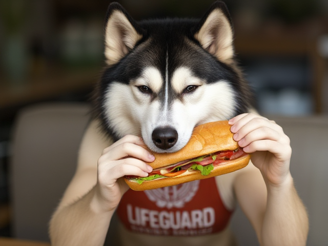 A anthropomorphic Alaskan malamute wearing a lifeguard one piece swimsuit eating a sub sandwich