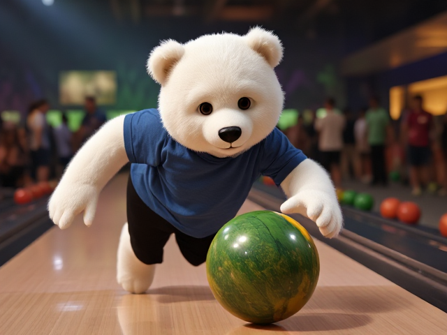 An athletic human teddy bear 5 feet 7 inches tall white fur wearing a blue t shirt black shorts with an orange and black dull bowling ball rolling a green and yellow dull bowling ball aggressively on top the lane with lots of people with bowling balls talking in the background